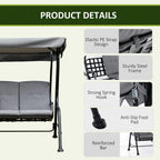 Grey three-seat swing bench frame detail with curved arms and anti-slip foot pads