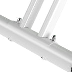 White bike frame rail with adjustable stabilizer feet