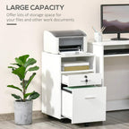White lockable filing cabinet with open top tray and two drawers on wheels