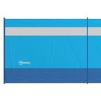 Blue windbreak panel with white stripe and corner poles, front view