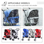 Pet rain cover compatibility graphic showing multiple stroller models with matching frame cutouts.