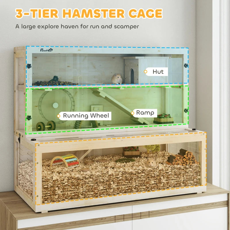 Multi-level wooden hamster cage with hut, running wheel, and ramp inside