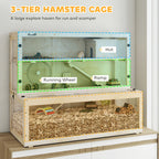 Multi-level wooden hamster cage with hut, running wheel, and ramp inside