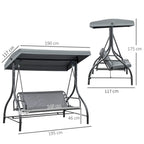 3-seat canopy swing chair with dark grey cushions on metal frame with height details