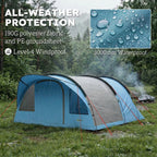 Sky blue and grey waterproof camping tent with full rainfly and side guy lines
