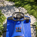 Blue kids electric ride-on kart console with black steering wheel and control buttons