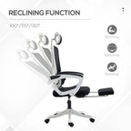 Black mesh reclining office chair shown reclined with footrest