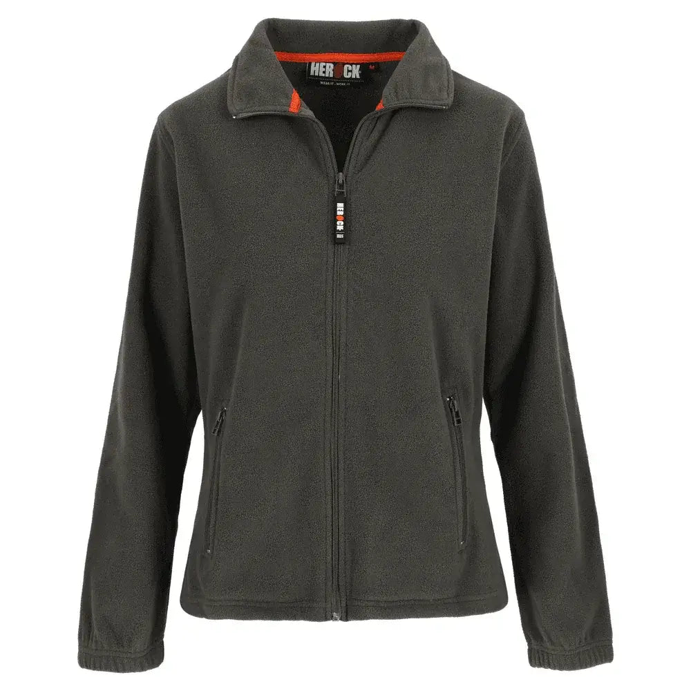 Dark grey ladies full-zip fleece jacket with orange-trim stand collar, zip front, side pockets