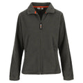Dark grey ladies full-zip fleece jacket with orange-trim stand collar, zip front, side pockets