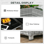 Patio set detail panel showing PE rattan wicker, glass tabletop, and footpads
