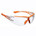 Safety glasses with orange frame and clear wraparound lens, vented sides