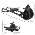 Black folding rowing machine with padded seat, foot rails, and fixed handlebars.