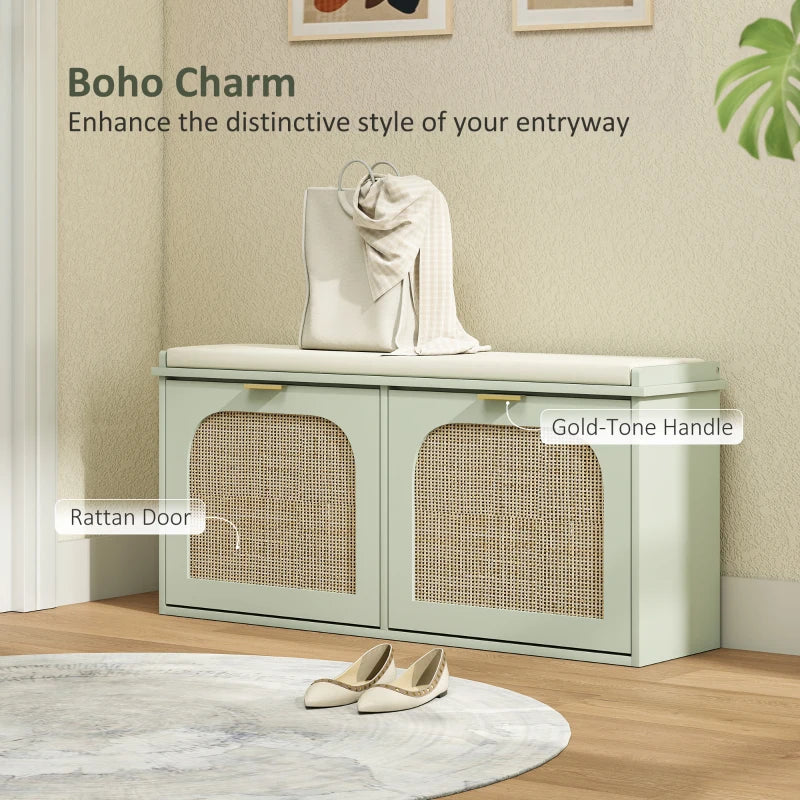 Light green entryway shoe bench with padded seat, two rattan-style doors, gold-tone handles