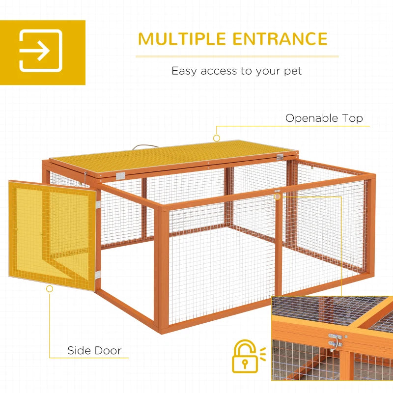 Orange rabbit hutch with side door and openable top frame.