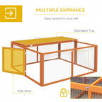 Orange rabbit hutch with side door and openable top frame.