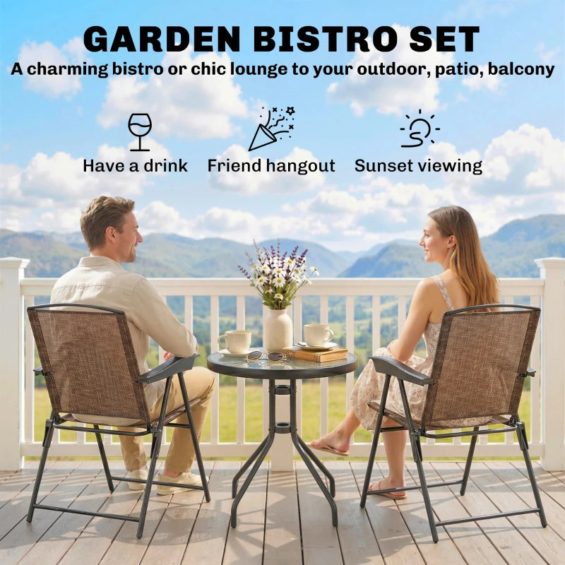 Outdoor bistro set with two folding armchairs and round glass-top coffee table, brown