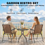 Outdoor bistro set with two folding armchairs and round glass-top coffee table, brown