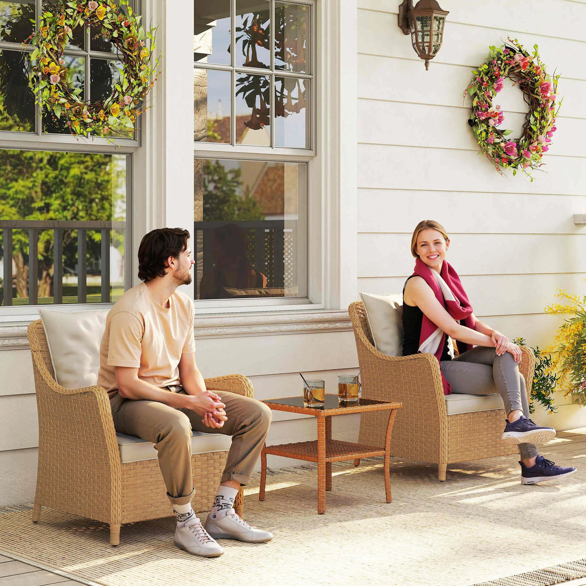 Outsunny Rattan Garden Chairs Set of 2, Outdoor Rattan Chairs with Cushions, Armrests and High Back, PE Wicker Garden