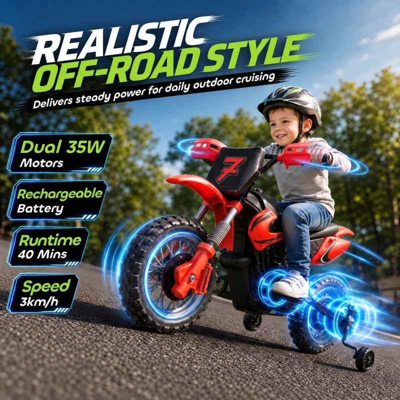 Red kids electric motorbike with off-road tires and number 7 front fairing