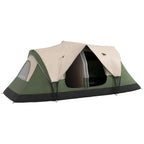 6–8 person camping tent in dark green and beige with large front door window panels
