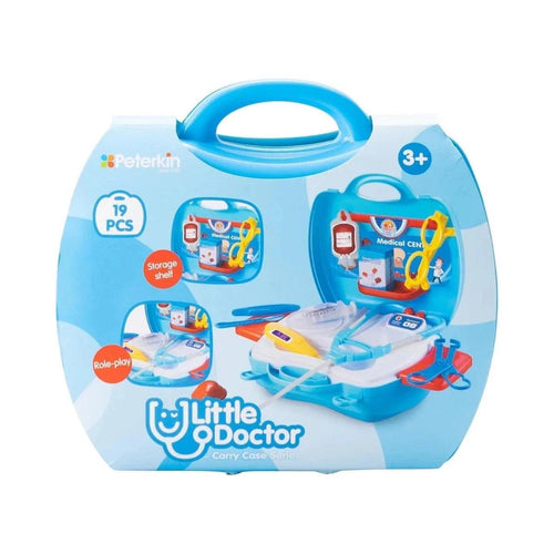 Blue doctor carry case toy with top handle and 19-piece play set