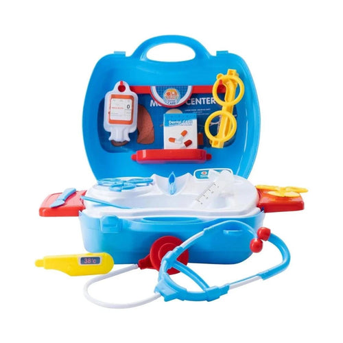 Blue doctor carry case open with stethoscope, dental accessories, and compartments