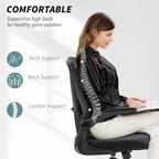 Black mesh back office chair with flip-up arms and supportive back panel