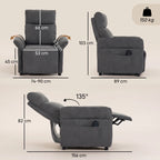 Dark grey recliner armchair with adjustable back angle and side pocket on arm