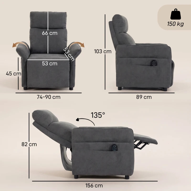 Dark grey recliner armchair with adjustable back angle and side pocket on arm