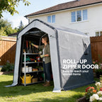 Grey storage shed tent with roll-up zipper door for easy access