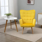 Yellow upholstered wingback lounge chair with tufted back, padded seat, light wood legs