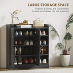Black shoe storage cabinet with open shelves holding shoes, two-door cabinet body