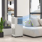 White mobile air conditioner on wheels beside sofa with connected exhaust hose
