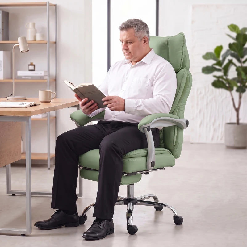 Light green executive office chair with tall backrest, padded arms, and rolling base