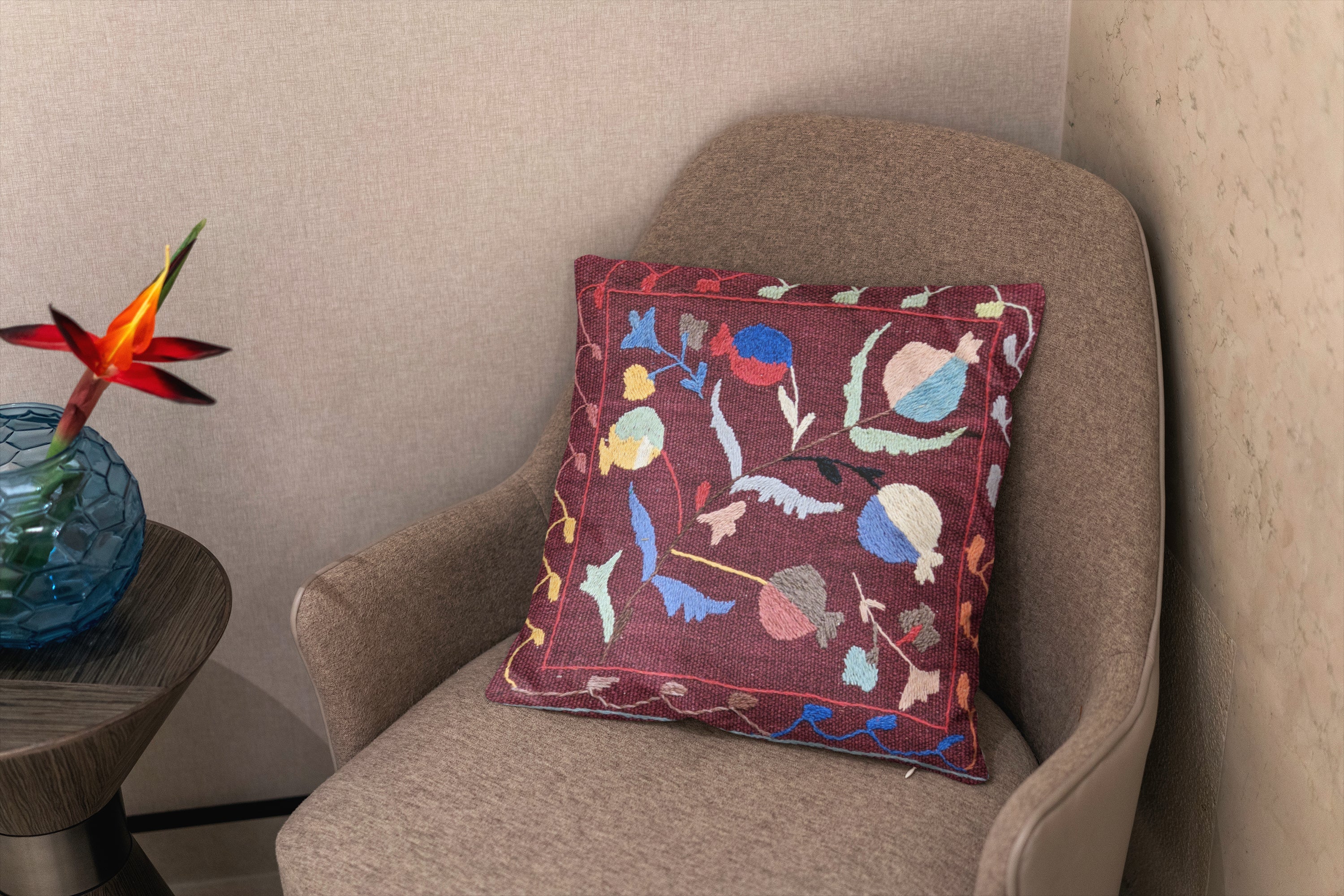 Suzani Hand Embroidered Cushion Cover - 45 x 45 cm - Handmade