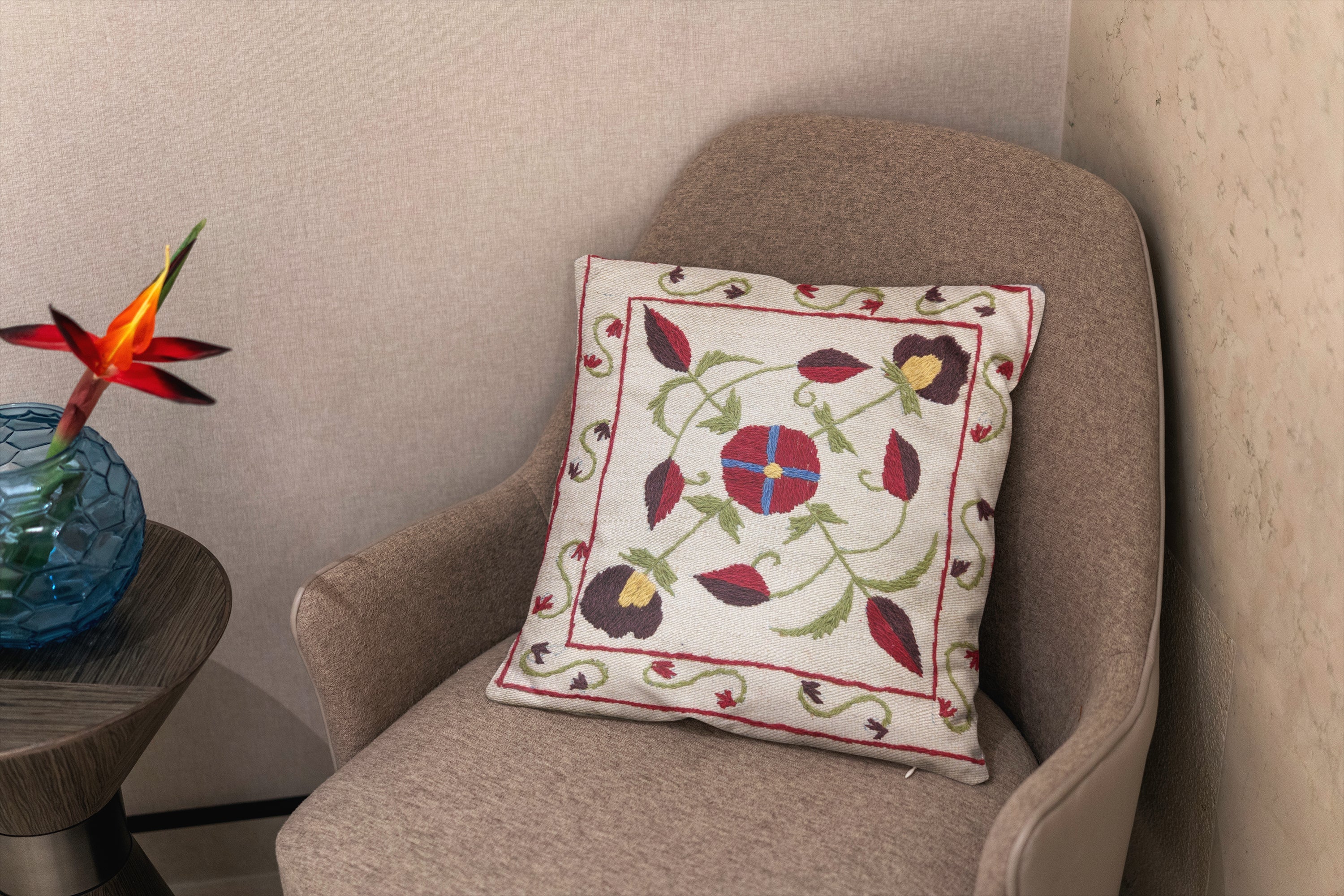 Suzani Hand Embroidered Cushion Cover - 45 x 45 cm - Handmade