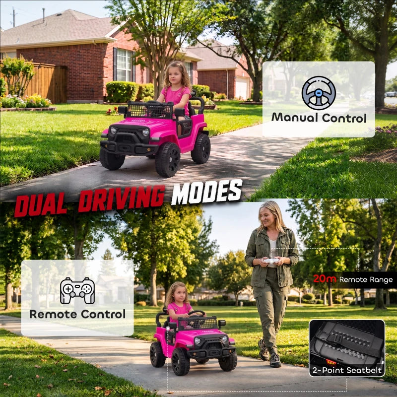 Pink 12V electric ride-on car for kids with seat, steering wheel, and black front bumper