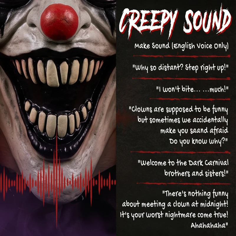 Halloween clown animatronic face close-up with red nose and bared teeth, dark grin