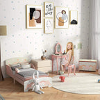 Pink toddler bed frame for kids’ rooms with illustrated panels and wooden slat mattress base