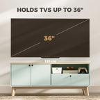 Light green TV stand cabinet with two doors and open center storage for TV
