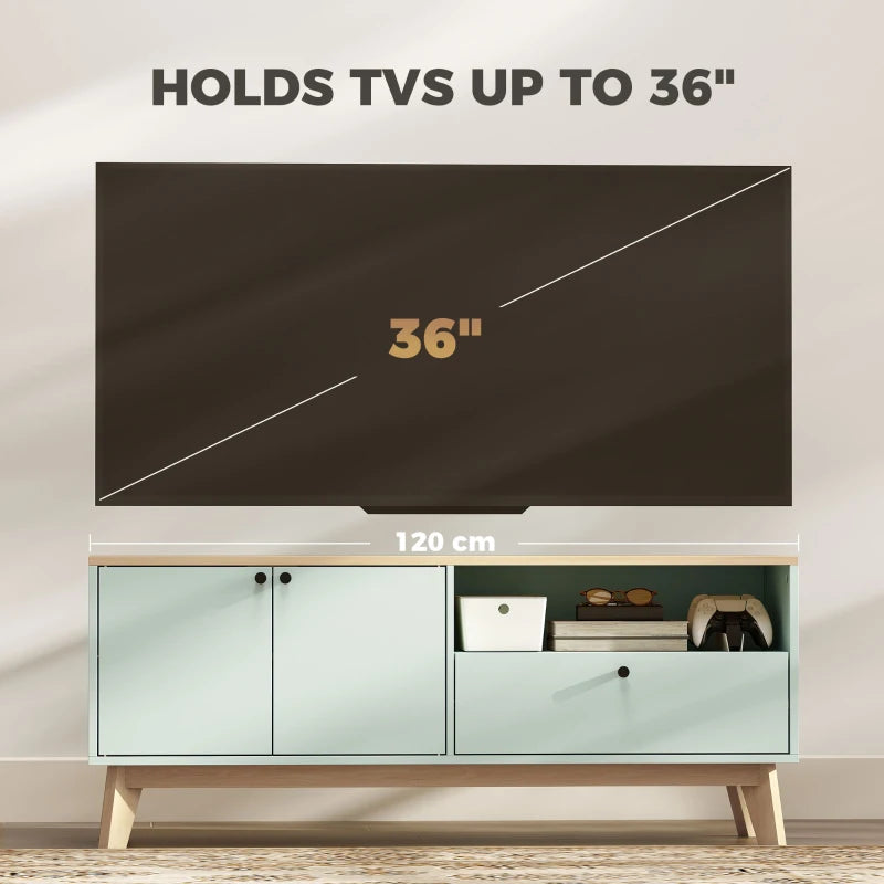 Light green TV stand cabinet with two doors and open center storage for TV