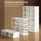 White foldable clothes wardrobe with hinged door panels and cube storage shelves.