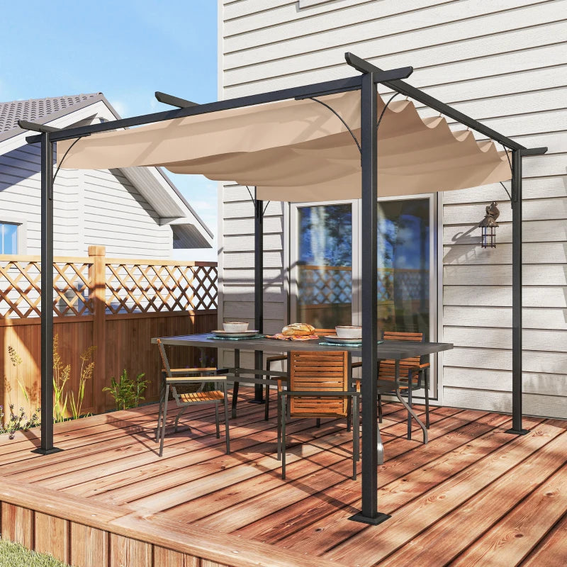 Beige retractable-canopy metal pergola over outdoor dining table on wooden deck