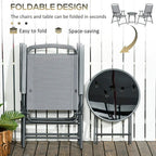Folded light grey garden chairs with round glass-top table, space-saving design