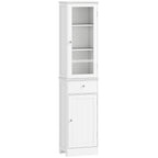 White bathroom storage cabinet with top glass door and three interior shelves