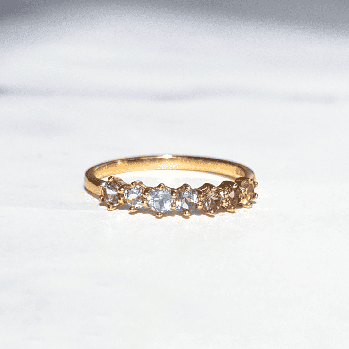 Gold-tone gemstone eternity ring with light blue and amber stones, front view