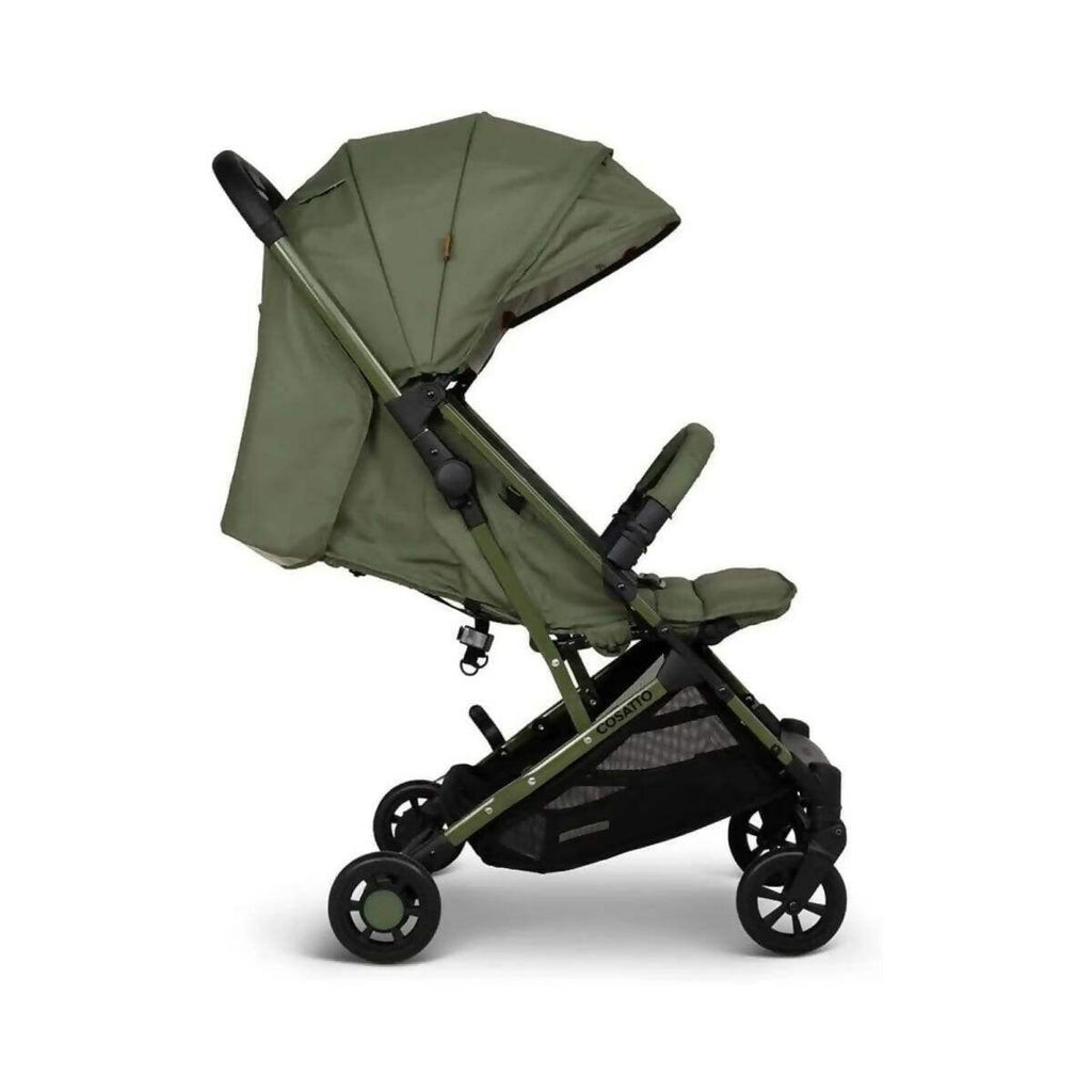 Olive green travel stroller with large canopy, reclining seat, and front swivel wheels