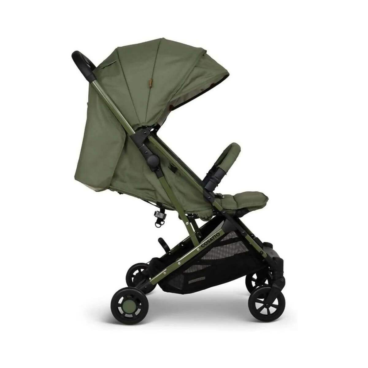 Olive green travel stroller with large canopy, reclining seat, and front swivel wheels
