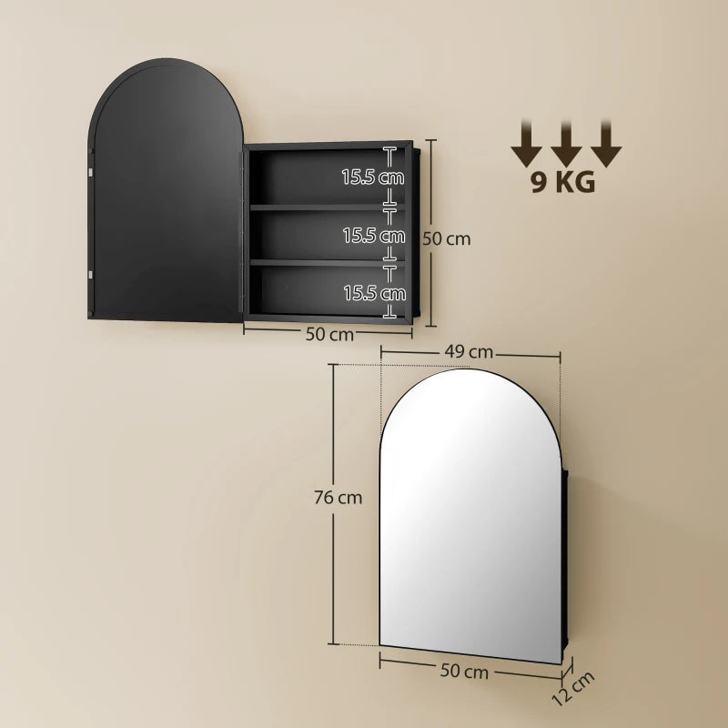 Black arched mirror wall cabinet with open shelves and interior storage compartments