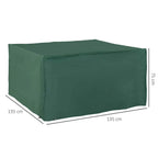 Green rectangular patio furniture cover with dimensions marked, showing flat top and panel sides.
